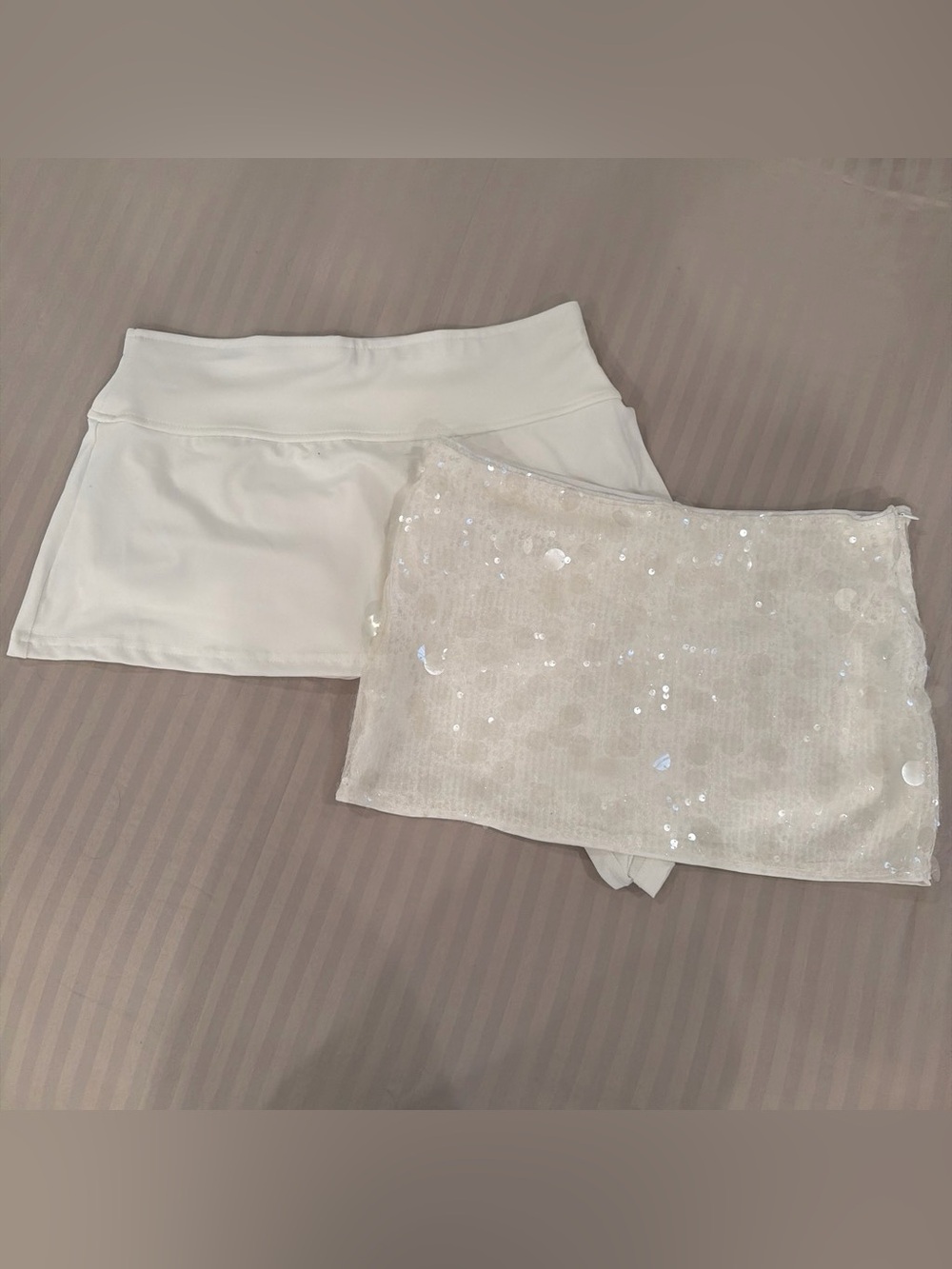 2 White Sequin Mini Skirts and Athletic Skort Set
